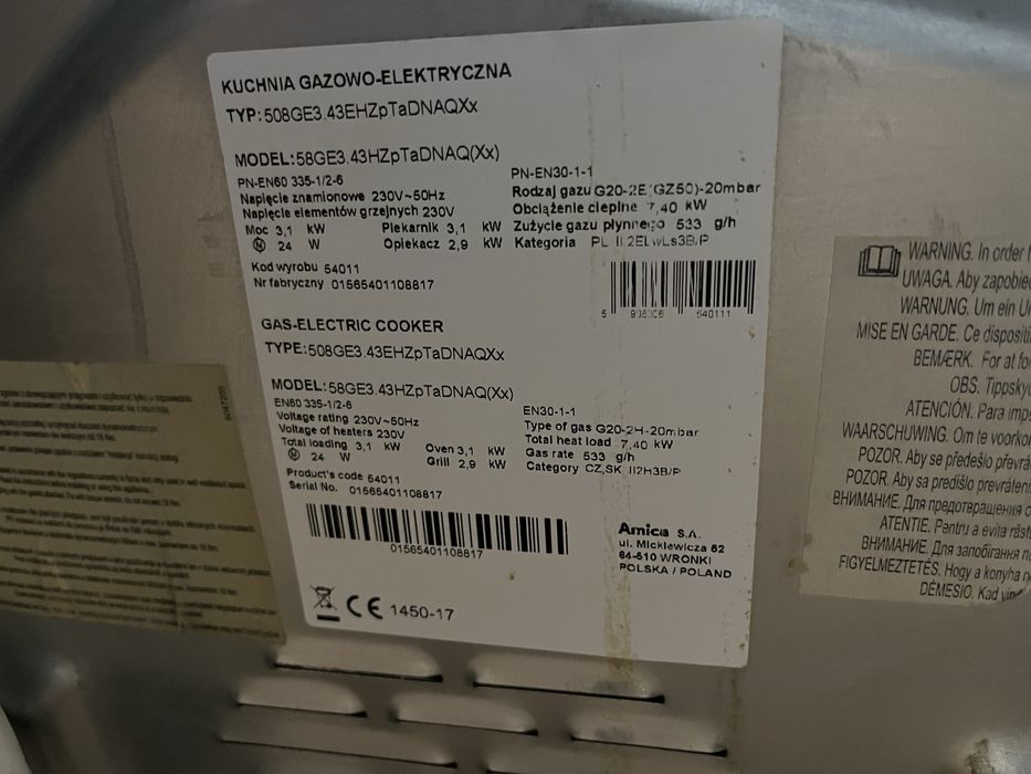 Kuchenka Amica GE 50cm srebrna |12msc |BD stan |Dowóz