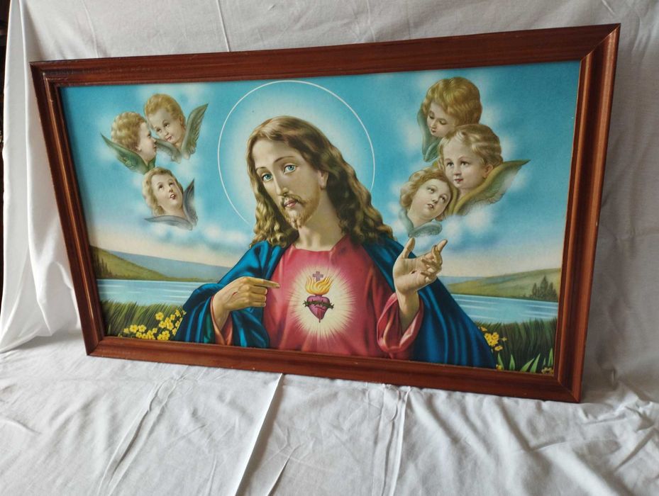 Quadro Sagrado Coração de Jesus, emoldurado em madeira