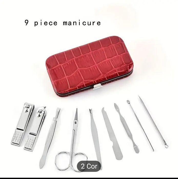Conjunto de Manicure e pedicure com 9 peças, disponível em 2 cores.