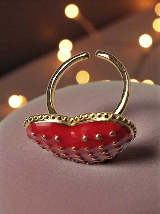 Pierścionek Czerwone Serce/Truskawka - złoty kolor, regulowany