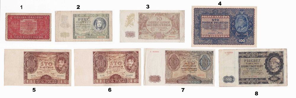 Zestaw banknotów: 8 banknotów II RP oraz okresu pod okupacją