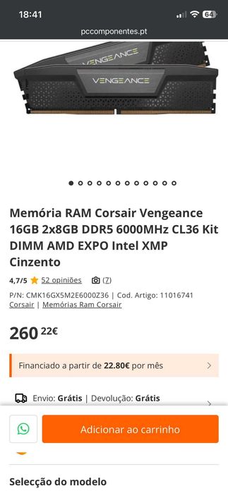 Kit memórias RAM DDR5 Corsair 2x8 6000MT/s CL36