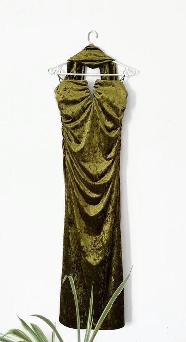 sukienka midi Zara nowa z metkami aksamit drapowania oliwkowy zielony