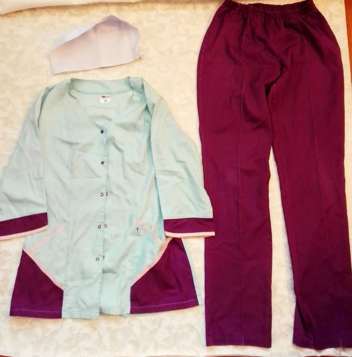 халат рабочий С розовый, зеленый, сиреневый, спецодежда шапочка белая