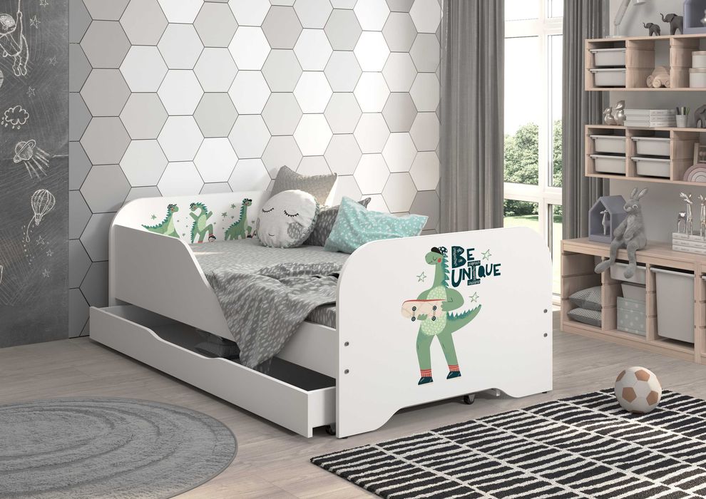 Łóżko MIKI dziecięce 160x70 + materac DINOZAUROWE wzory!