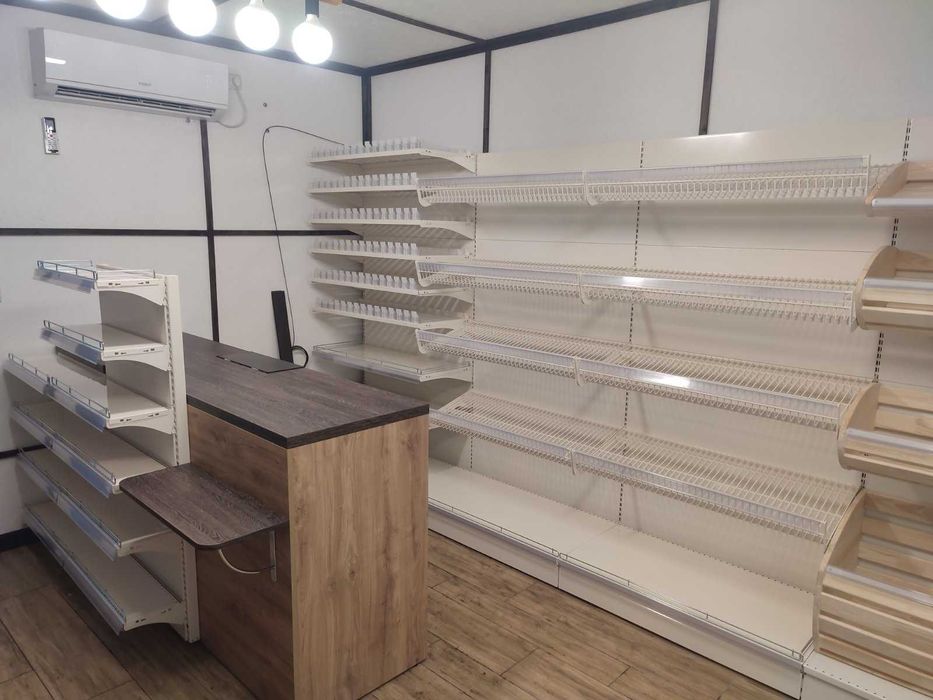 Торгове обладнання для магазину, стелажі в наявності колір графіт/крем