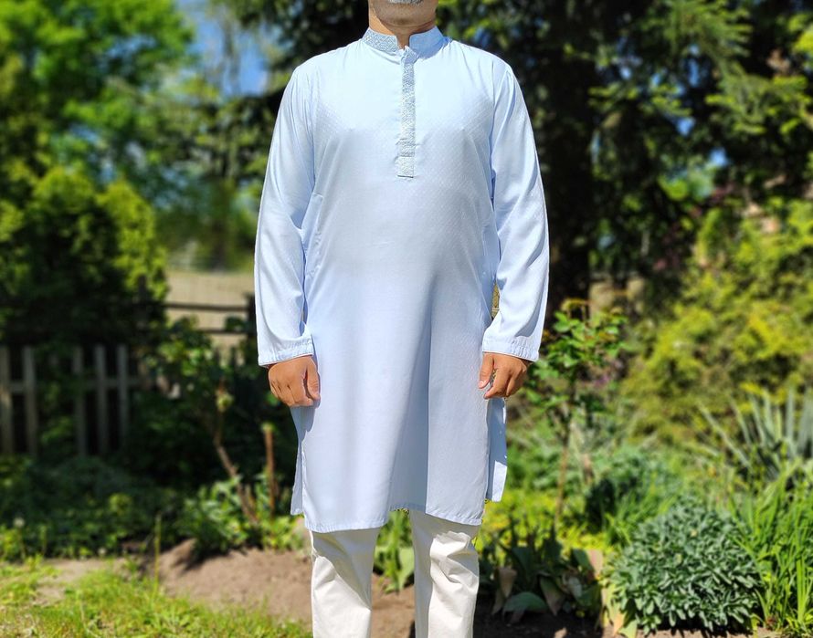 Męska tunika orientalna L niebieska wiskoza kameez kurta Indie boho