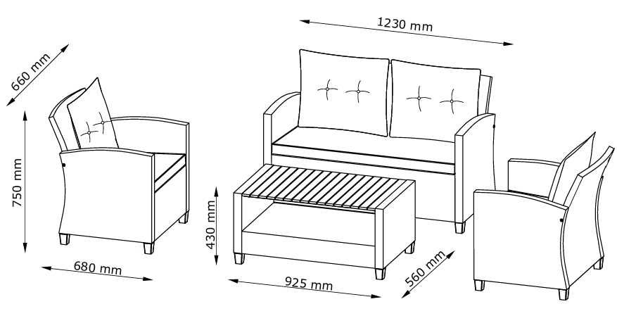 Meble ogrodowe  Ven sofa dwa fotele ława z blatem z drewna.