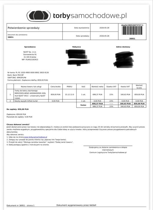 Bagaznik dachowy box 430L Mercedes i torby Kjust