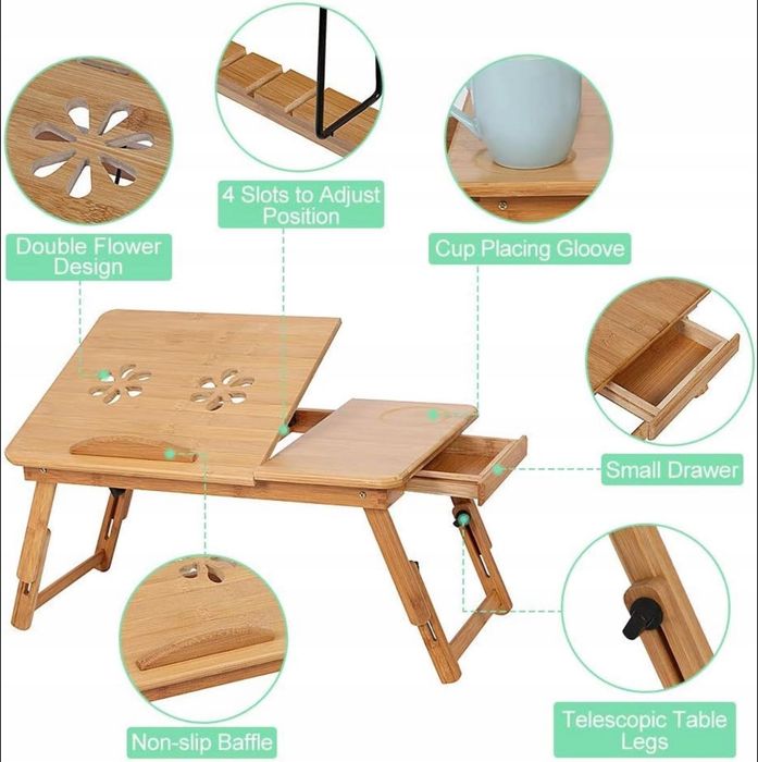 Bambusowy Stolik pod laptopa stolik do łóżka 55x31cm