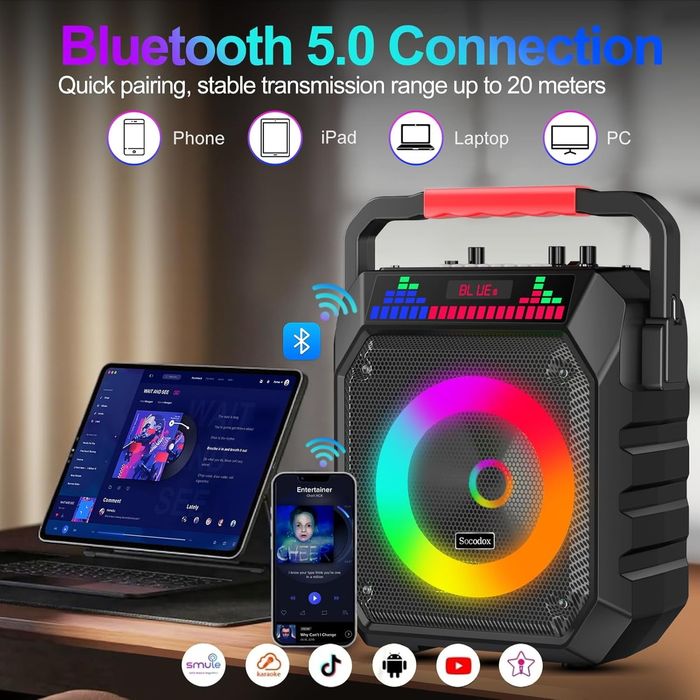 Máquina de Karaoke Portátil Bluetooth com 2 Microfones + Luzes RGB