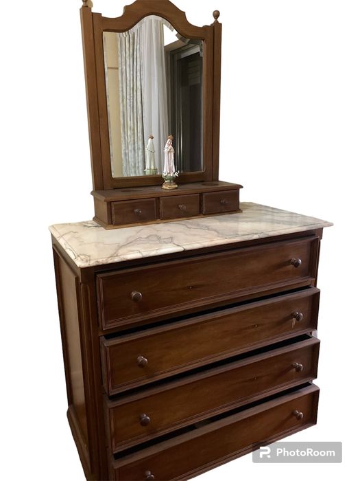 Aparador Cómoda Vintage Nogueira - Alçado/Espelho com Gavetas e Pedra