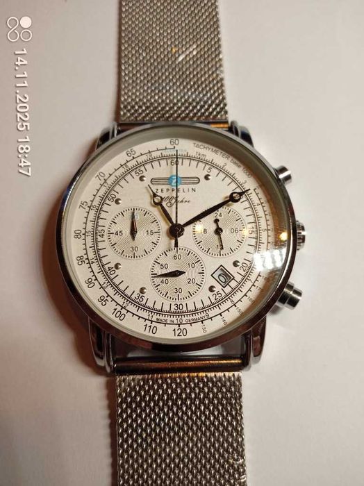 Piękny, stylowy, męski zegarek Zeppelin MOD z białą tarczą, chronograf