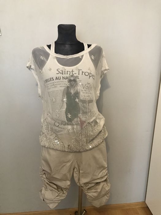 Komplet beżowy dwuczęściowa bluzka i spodenki+ Gratis pasek roz. L