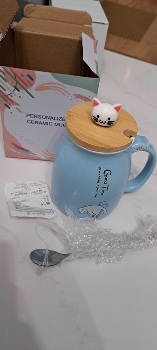 NOWY Kubek Ceramiczny z Kotkiem - kotek na kubku 420 ML niebiesmi