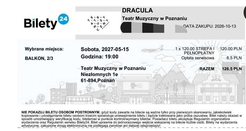 3 bilety na musical Dracula w Teatrze Muzycznym Poznań