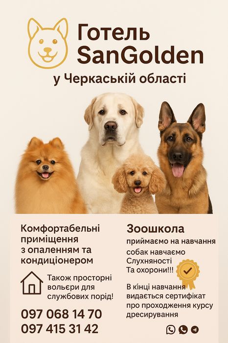 Перетримка та навчання для собак у Черкасах та області