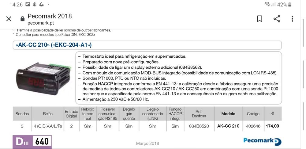 Controle de aparelhos de refrigeração Danfoss AK-CC 210