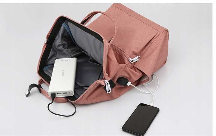 Damski plecak szkolny USB brązowo-szary Torba na laptopa