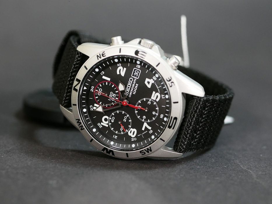 Seiko SND399Р Black з хронографом, нейлоновий ремінець