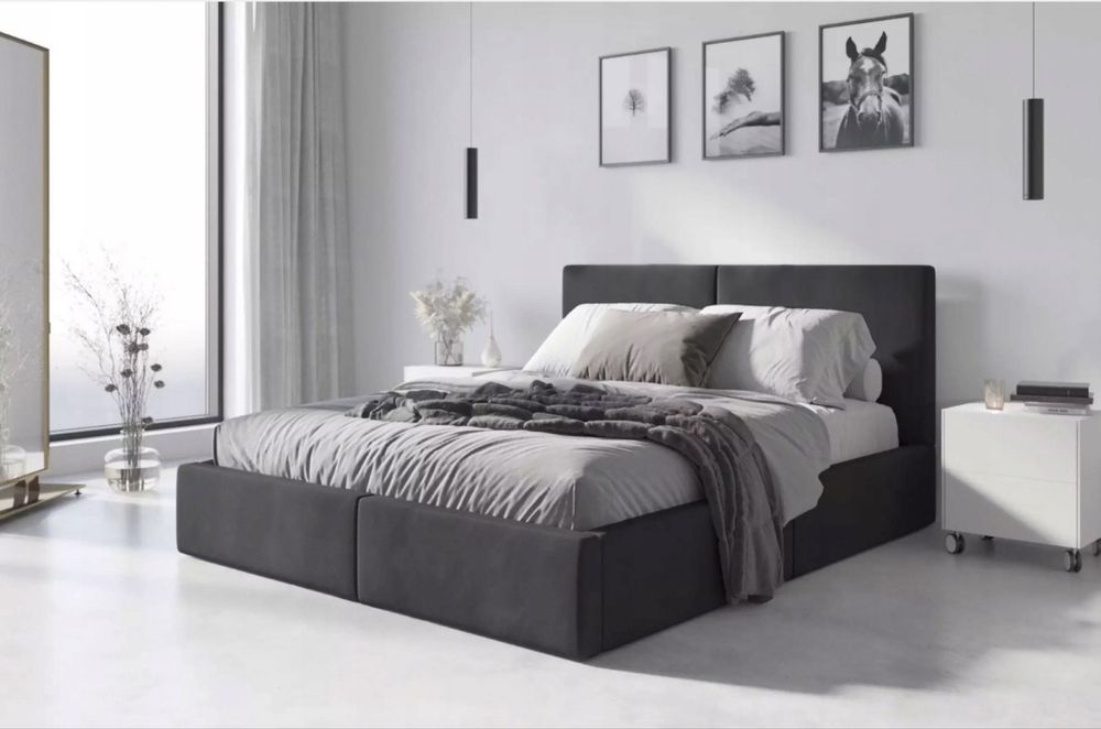 Łóżko 160x200 tapicerowane, grafit, stelaż podnoszony - NOWE