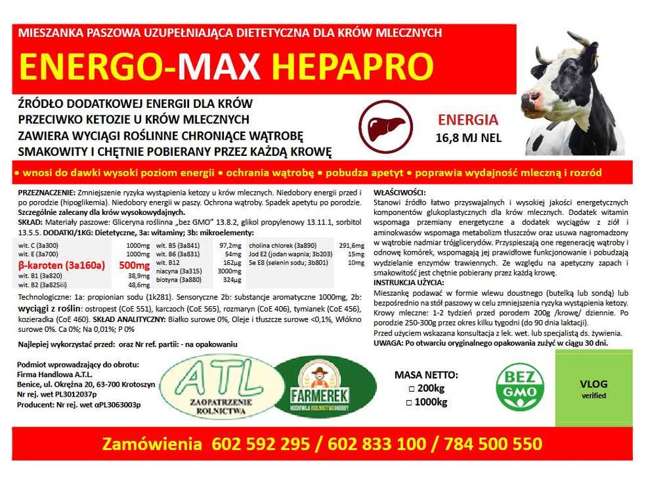Gliceryna - Energia dla Krów 16,8 MJ. Energo-max Hepapro 1000kg