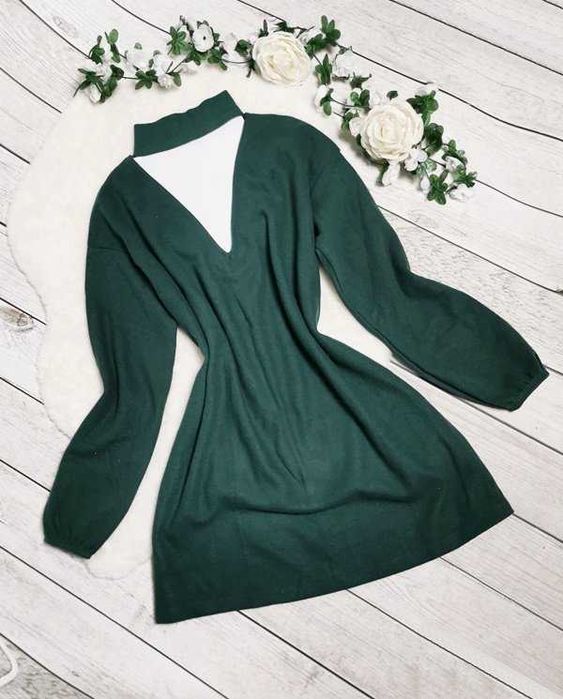 Asos Zielona Sukienka Dzianinowa Sweter Choker Boho Retro Oversize