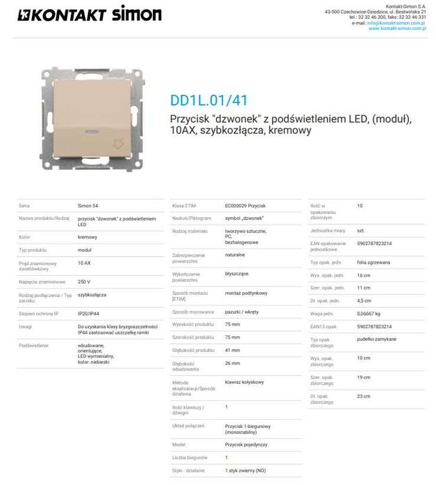 Simon 54 Premium DD1L.01/41 Przycisk "dzwonek" z podświetleniem LED