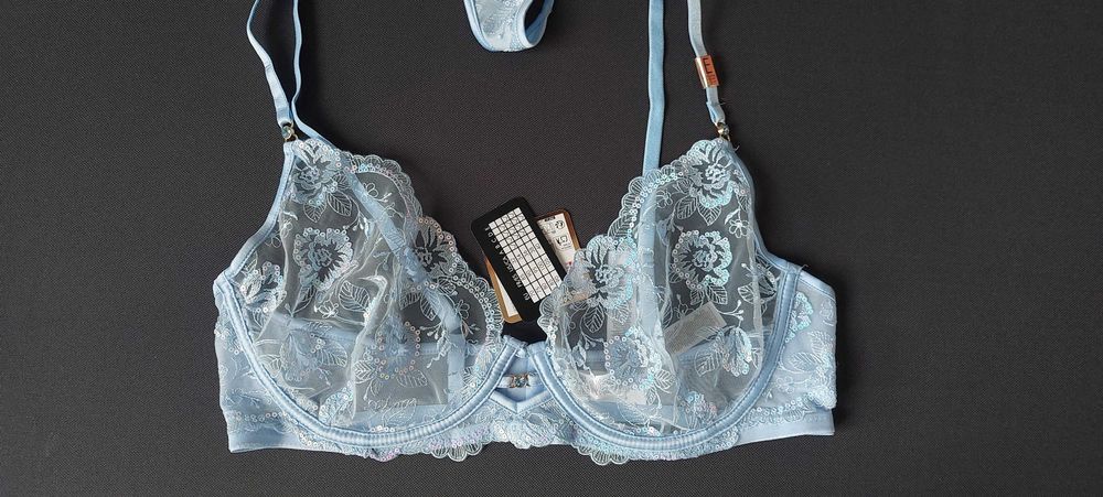 Komplet stanik prześwitujący stringi niebieski brokat 85E XL NOWY!!