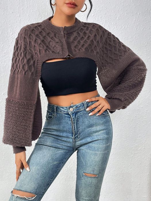 Kardigan Sweterek Krótki Z Bufiastymi Rękawami Brązowy Casual Shein S