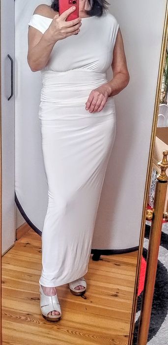 Długa biała sukienka bodycon, dwuwarstwowa modelująca