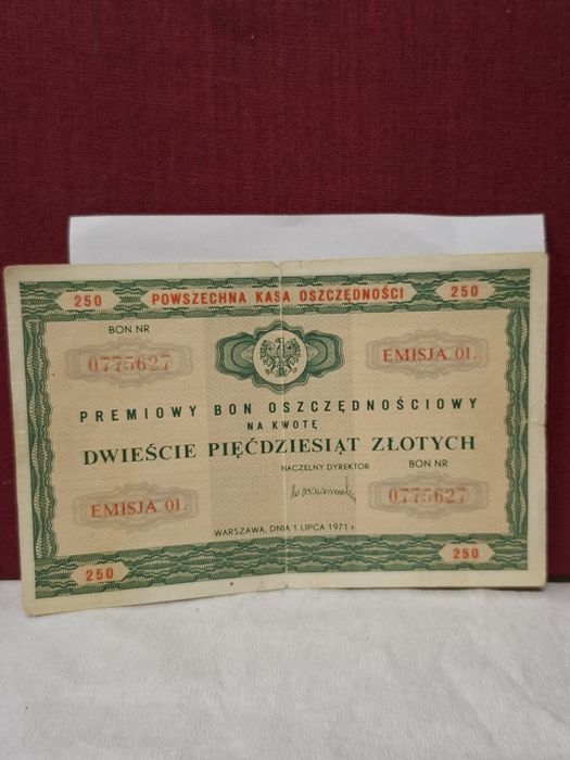 Premiowy Bon Oszczędnościowy 250zł z 1971r