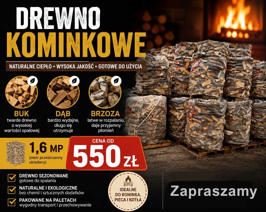 Drewno Kominkowe DĄB / BUK / BRZOZA / Pakowane 1,6 mp - na palecie / Drzewo / Opał / Transport