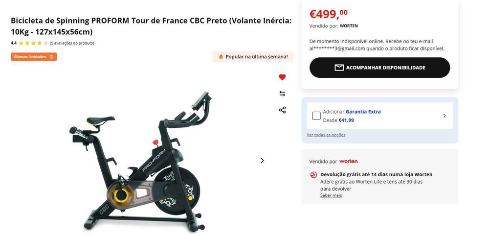 Bicicleta de Spinning PROFORM Tour de France CBC Preto (Volante Inércia: 10Kg - 127x145x56cm)