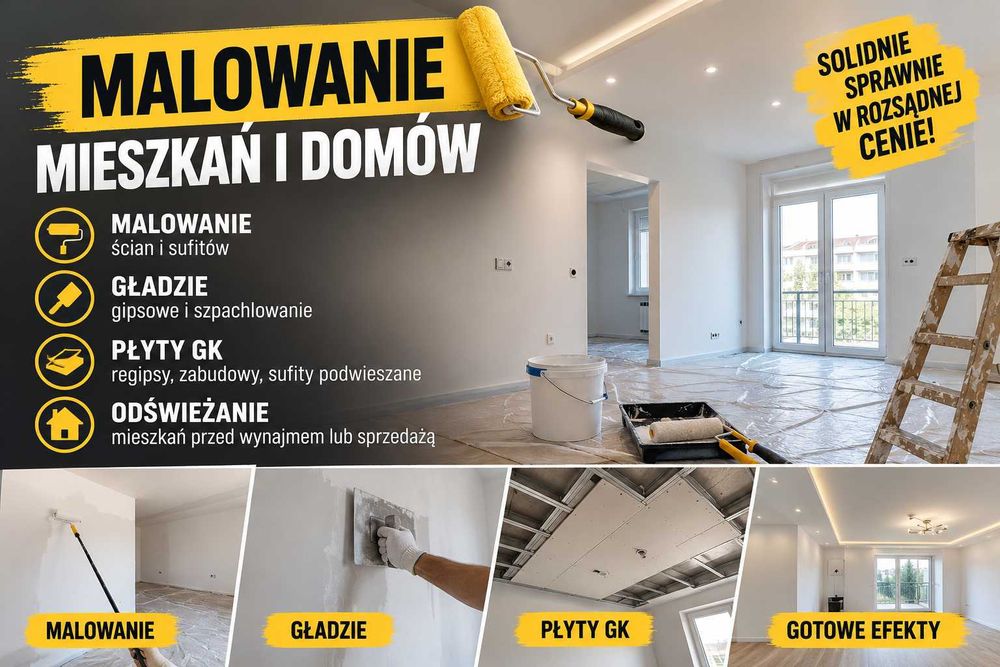 Malowanie Mieszkań i Domów Gładzie Regipsy Szybkie Terminy Tanio i Solidnie