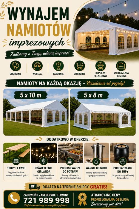 Pan NAMIOCIK  Namioty imprezowe /stoły/ławki/ podgrzewacze WYNAJEM