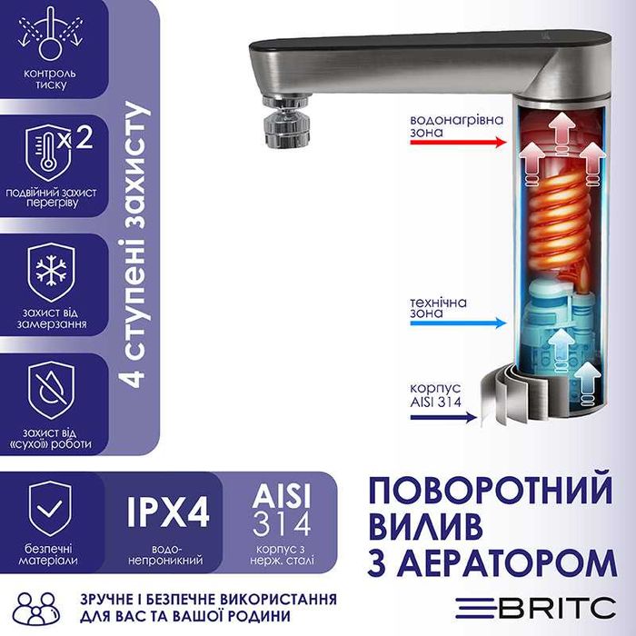 Кран- водонагрівач Britc SS-1-S з дисплеєм,3 кВт +гнучка підводка 50см