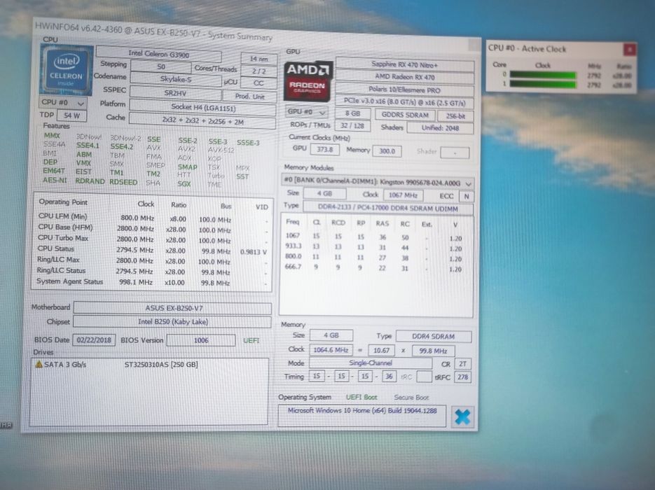 Комплект Asus EX B250 V7 Sapphire RX470 8gb Celeron 3900 4gb DDR4 SSD
