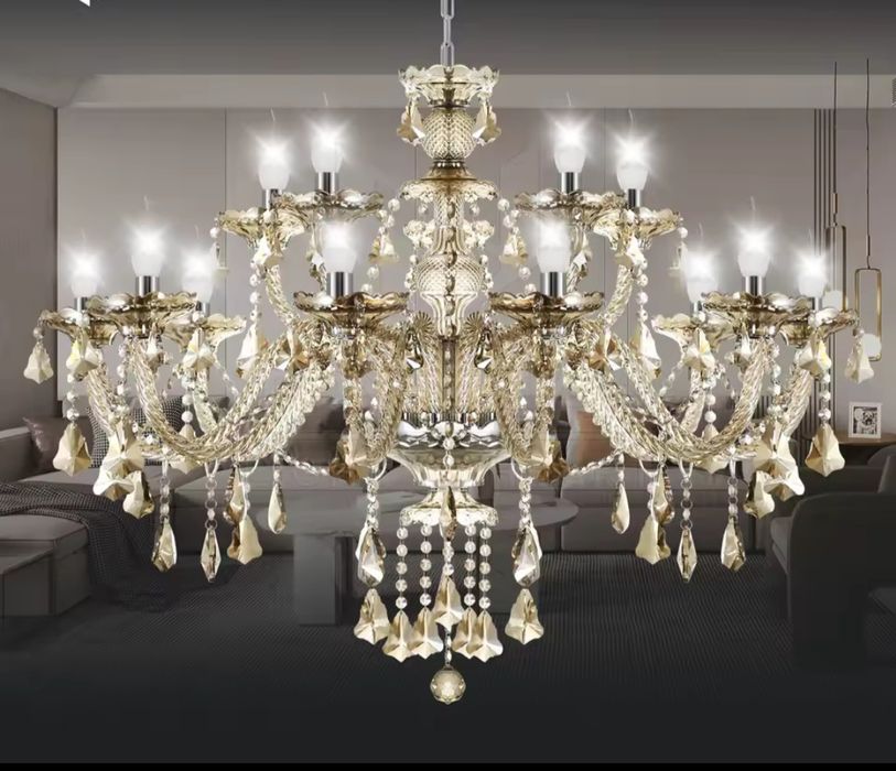 Ekskluzywny ŻYRANDOL KRYSZTAŁOWY 15-ramienny kolor koniakowy OGROMNY