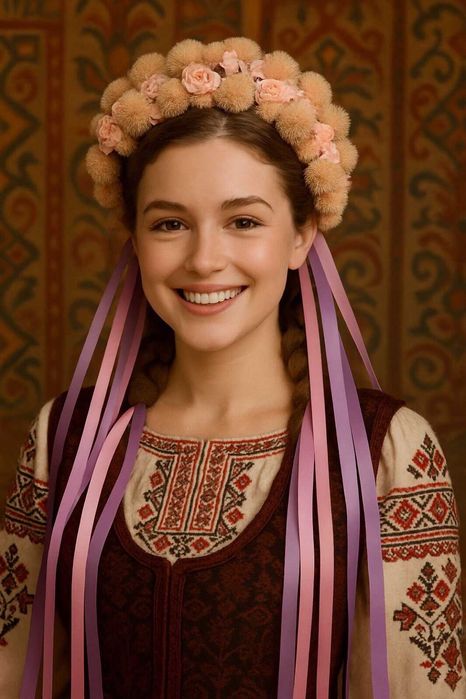 Віночок ручної роботи з помпонами та трояндами яскравий пухнатий ніжни