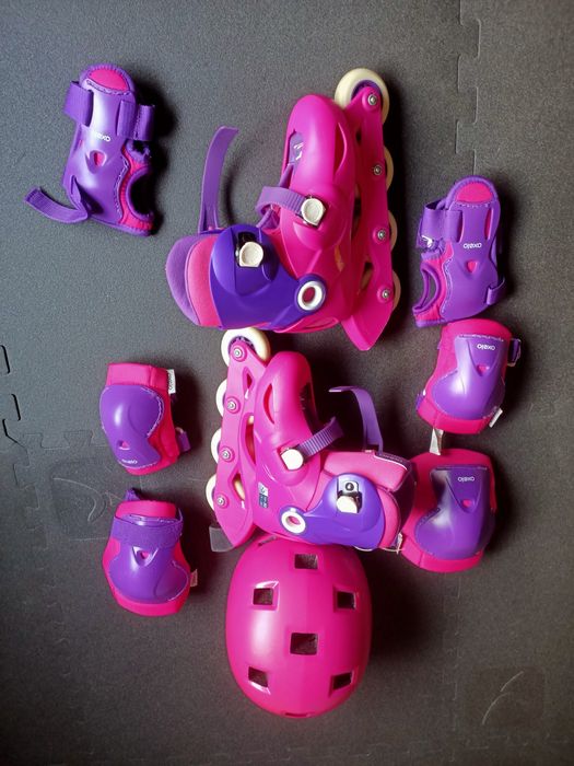 Patins em linha para criança, menina, com kit de proteção