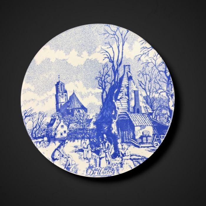 Talerz ceramiczny w stylu Delfts Blauw z pejzażem zimowym b6/051912