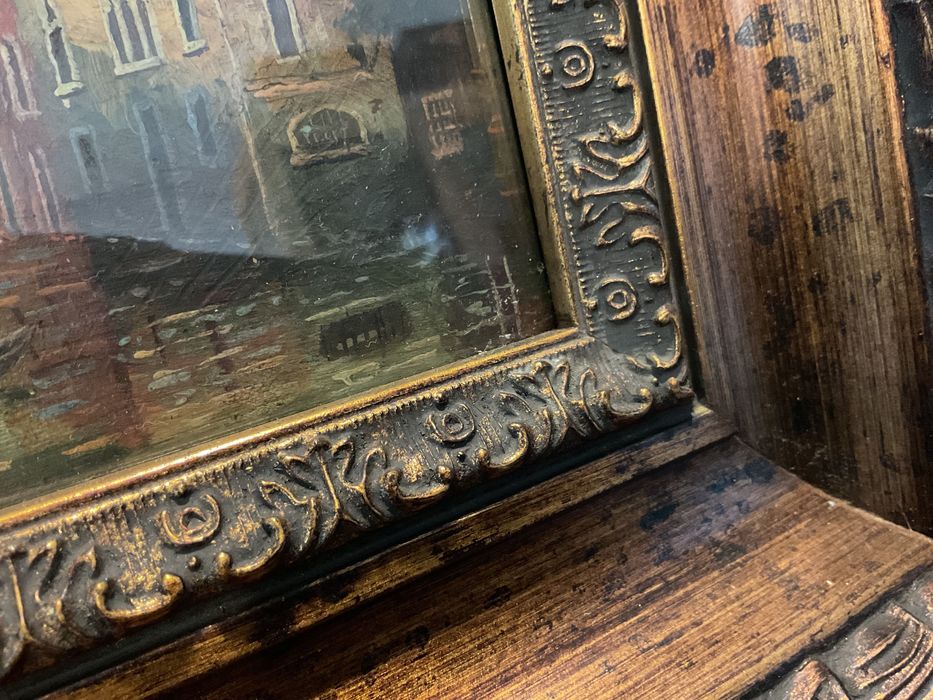 Quadro pintura on board frente com vidro peça vintage 34x29cm