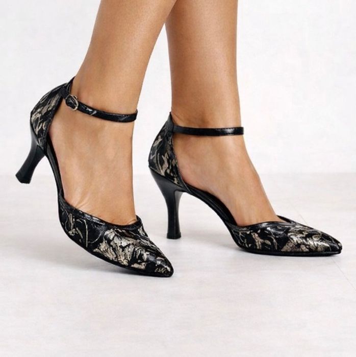 Czółenka satynowe czarno-srebrne na obcasie 6 cm z paskiem – r. 37