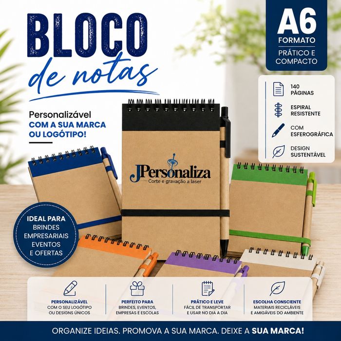 Bloco de Notas A6 Personalizável – 140 Folhas + Esferográfica