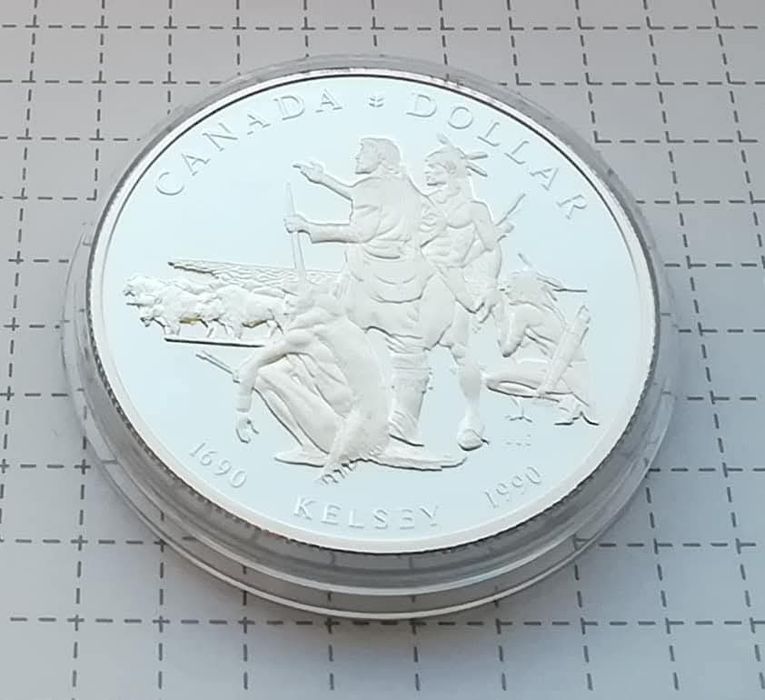 Канада 1 долар 1990р. СРІБЛО. ПРУФ. Подорож Генрі Келсі. Сертифікат.