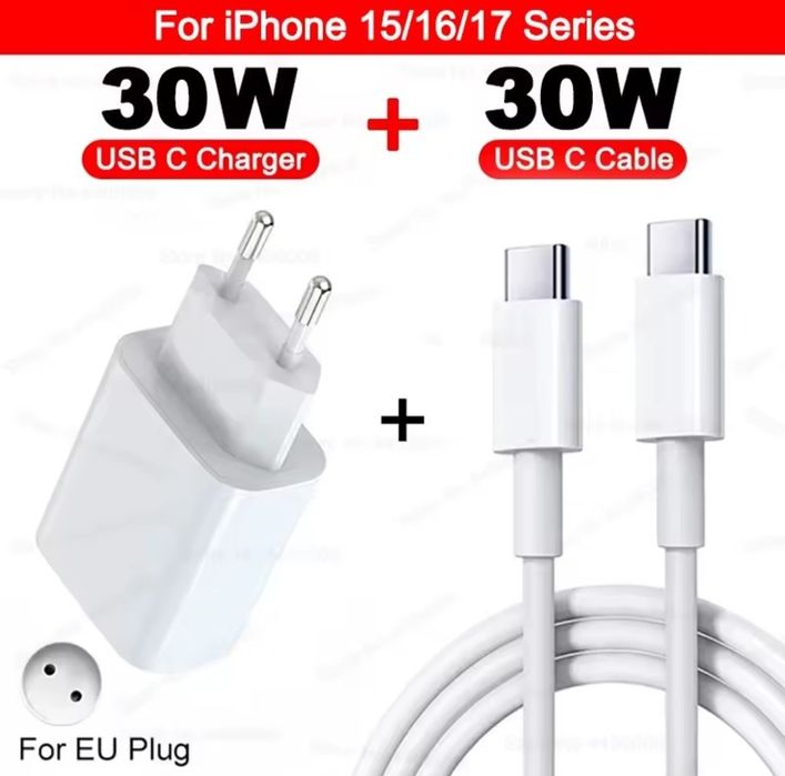 Зарядний пристрій швидка зарядка комплект 30W для iPhone 15, 16, 14, 13, 12 , Блок + Кабель Type-C