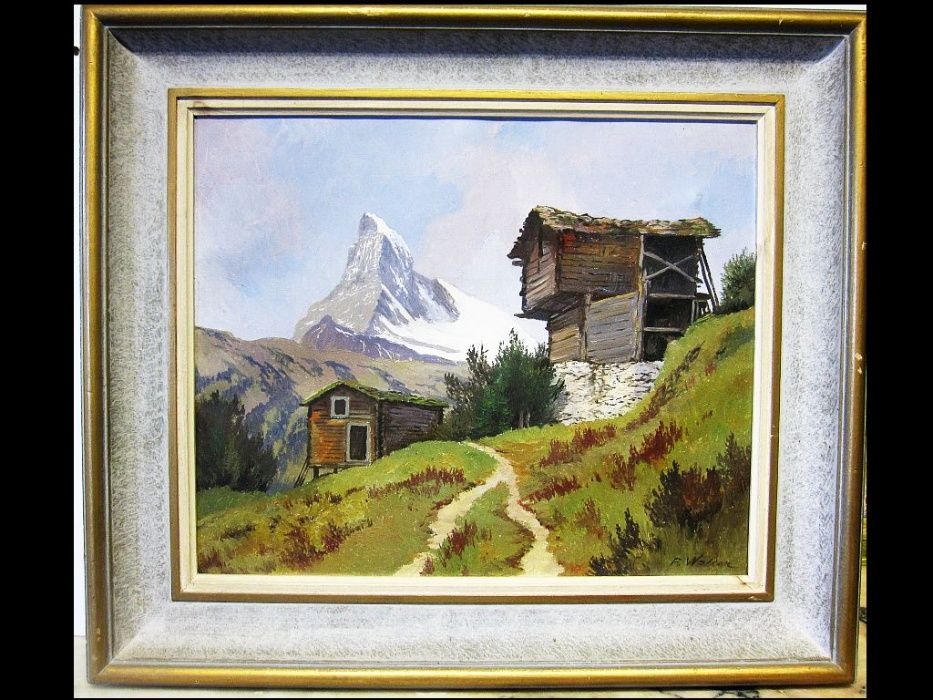 antiga pintura em óleo sobre tela - paisagem suíça - Matterhorn-