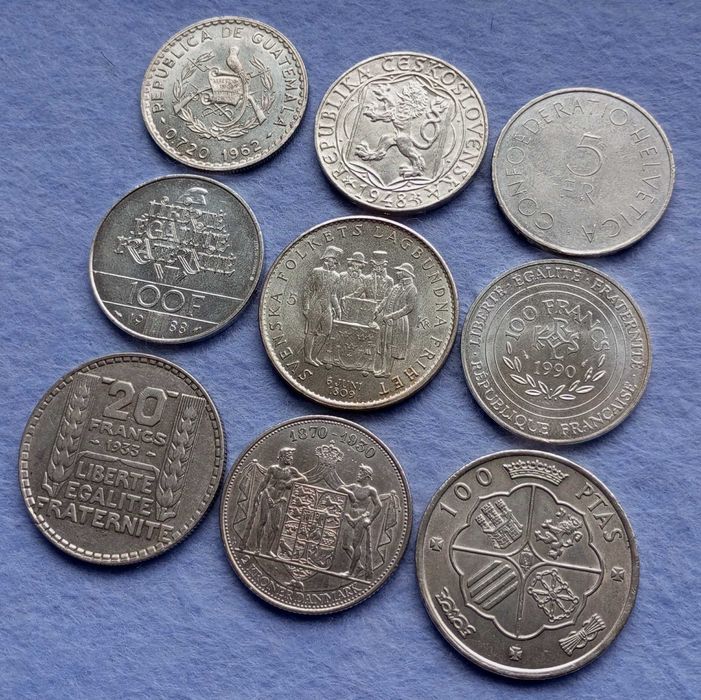 Срібні монети 100 крон 1948, 5 франків 1963, 50 сентаво 1962, 100 франків, 100 песет 1966,  штемпельний блиск