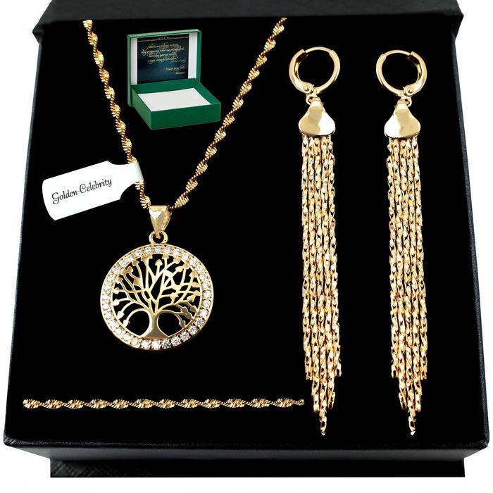 Złoty Komplet Biżuterii Stal Chirurgiczna Łańcuszek Zawieszka Kolczyki